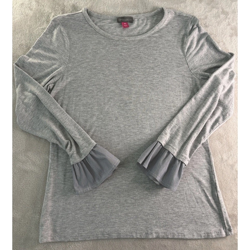 Vince Camuto Gray Heathered‎ Knit Top Striped Flare Cuffs Long Sleeve PL